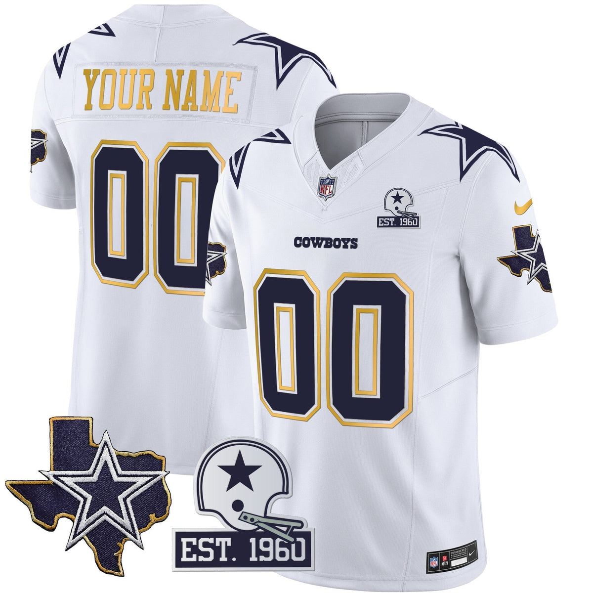 Cowboys Texas Patch Gold Trim Vapor Custom Jersey - All Stitched