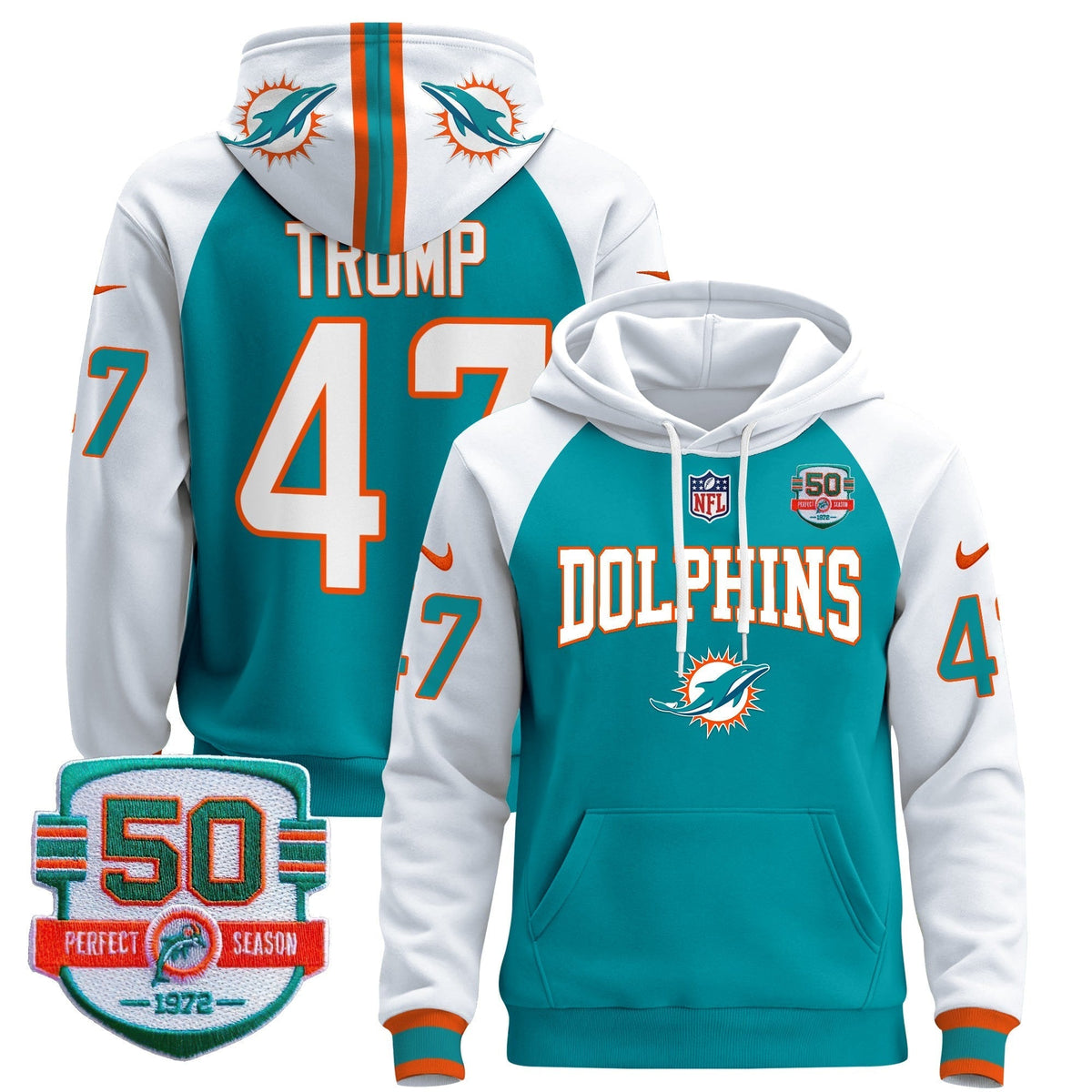 Men's Dolphins 50th 1972 Perfect Season Patch Pullover Hoodie V2 - All Stitched