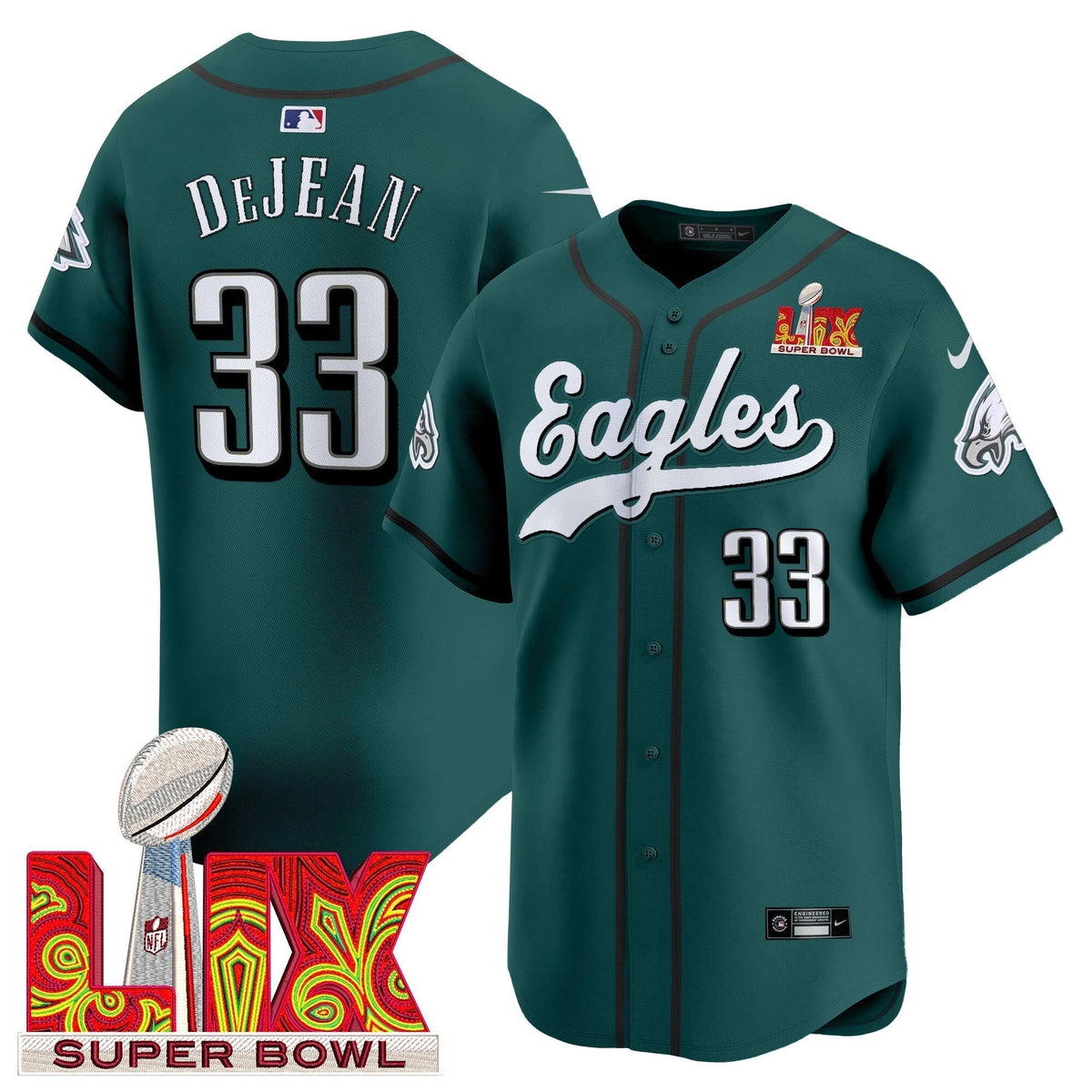PHI Midnight Green Super Bowl LIX Vapor Baseball Jersey - Stitched