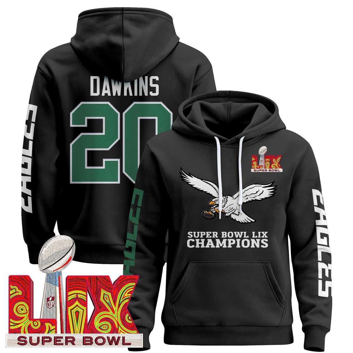 Philadelphia Eagles Super Bowl LIX Patch Pullover Hoodie V6 - All Stitched