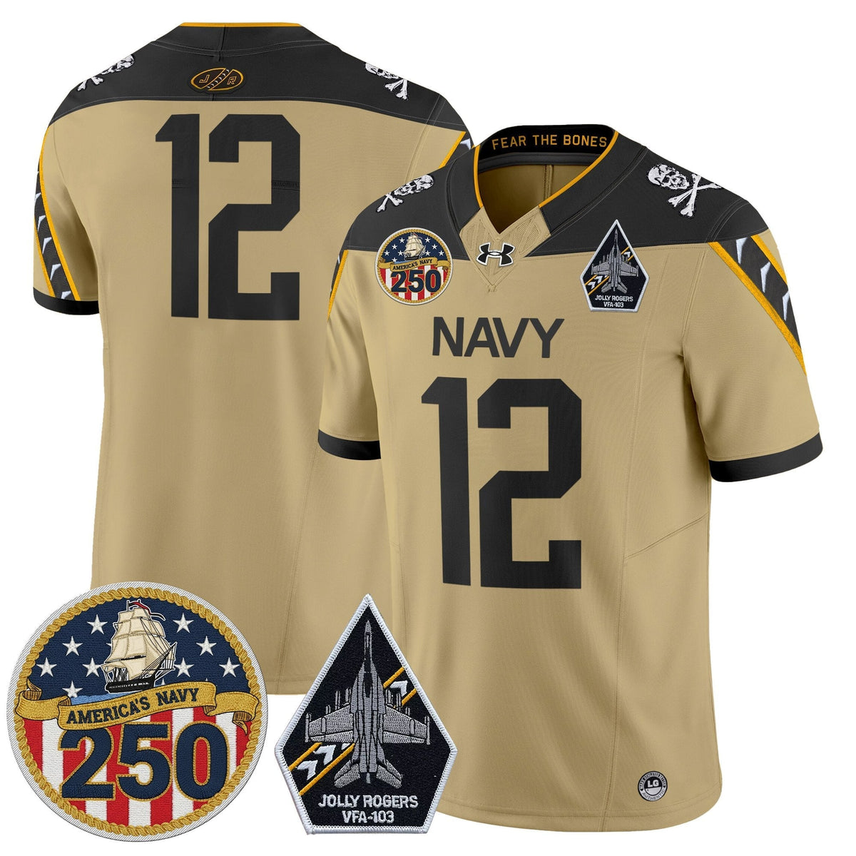 Men's Navy Midshipmen 'Jolly Rogers Edition' Vapor Limited Jersey - 250th Anniversary Patch - All Stitched