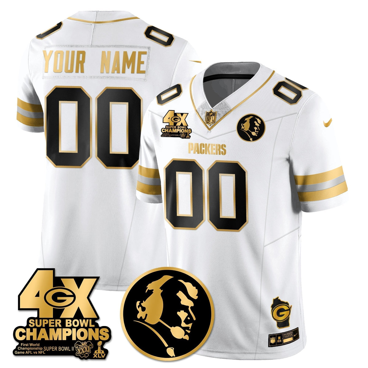 GB 4-Time Champions Vapor Limited Gold Custom Jersey - John Madden Patch - Stitched