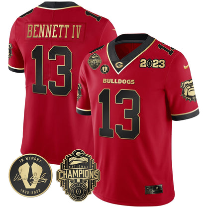 Men's Georgia Bulldogs 2023 Champions & Vince Dooley Patch Gold Jersey - All Stitched