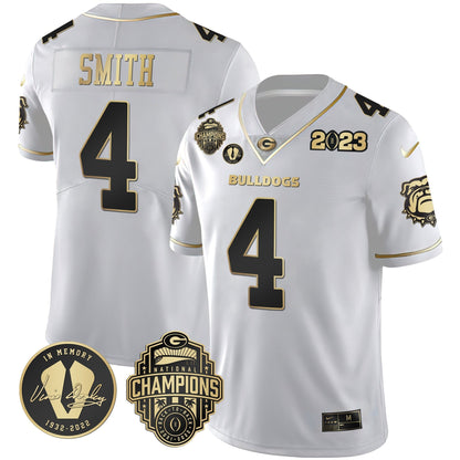 Men's Georgia Bulldogs 2023 Champions & Vince Dooley Patch Gold Jersey - All Stitched