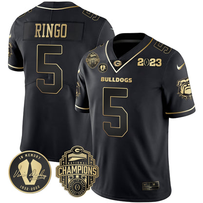 Men's Georgia Bulldogs 2023 Champions & Vince Dooley Patch Gold Jersey - All Stitched