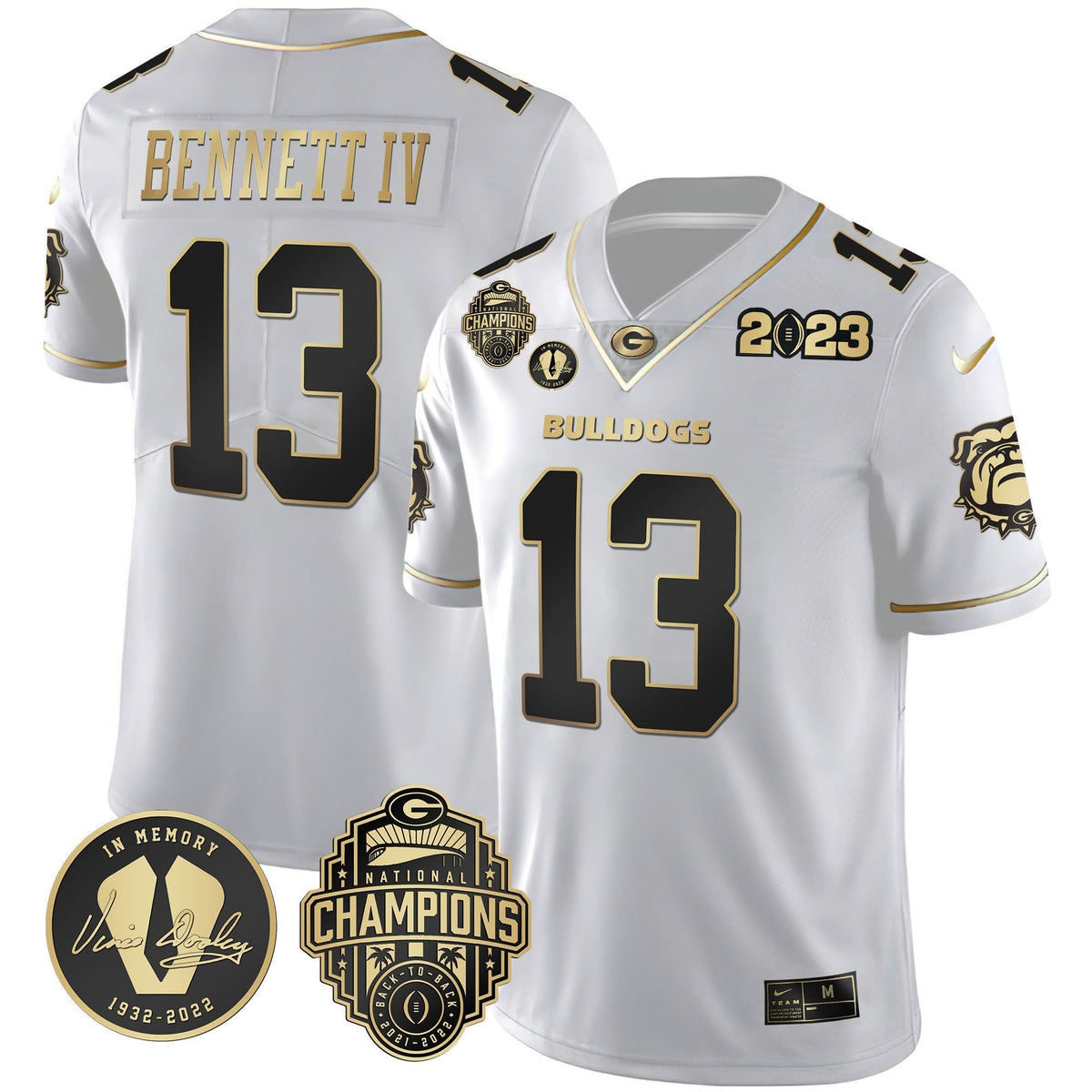 Men's Georgia Bulldogs 2023 Champions & Vince Dooley Patch Gold Jersey - All Stitched