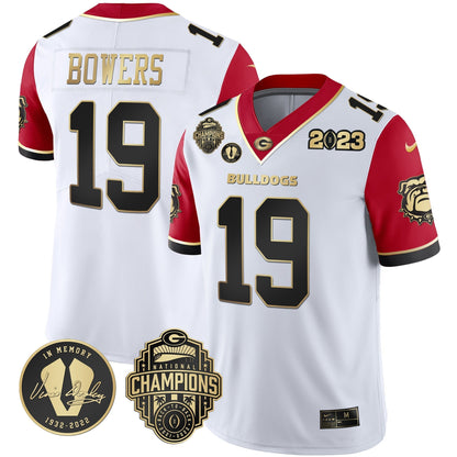 Men's Georgia Bulldogs 2023 Champions & Vince Dooley Patch Gold Jersey - All Stitched