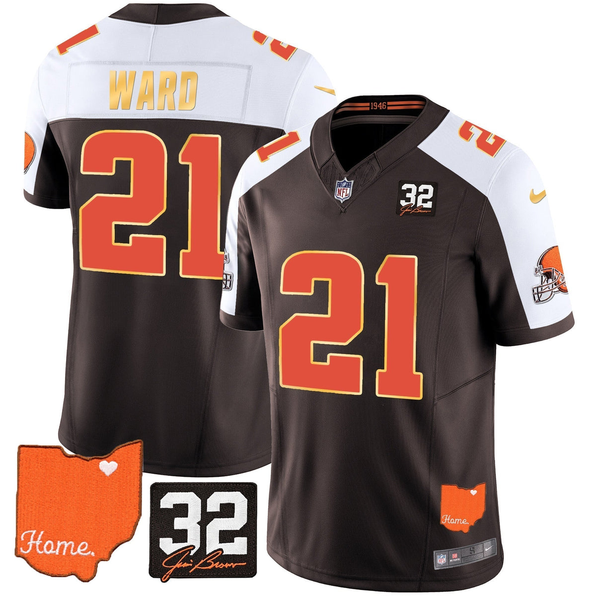 Men's Browns #32 Jim Brown Memorial & Home Patch Gold Trim Jersey - All Stitched