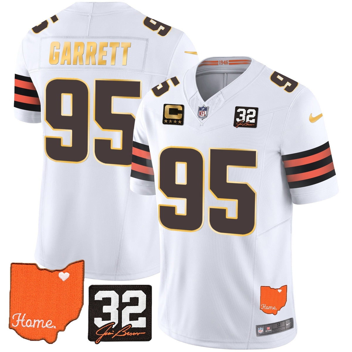Men's Browns #32 Jim Brown Memorial & Home Patch Gold Trim Jersey - All Stitched