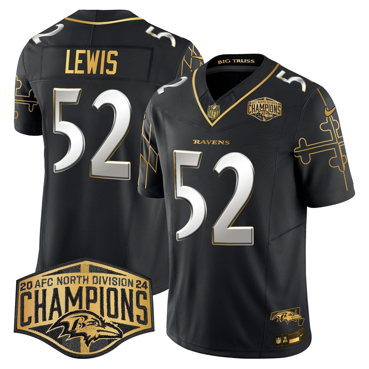 Ravens Maryland Flag Map 2024 AFC North Division Champions Patch Gold Vapor Limited Jersey - Stitched