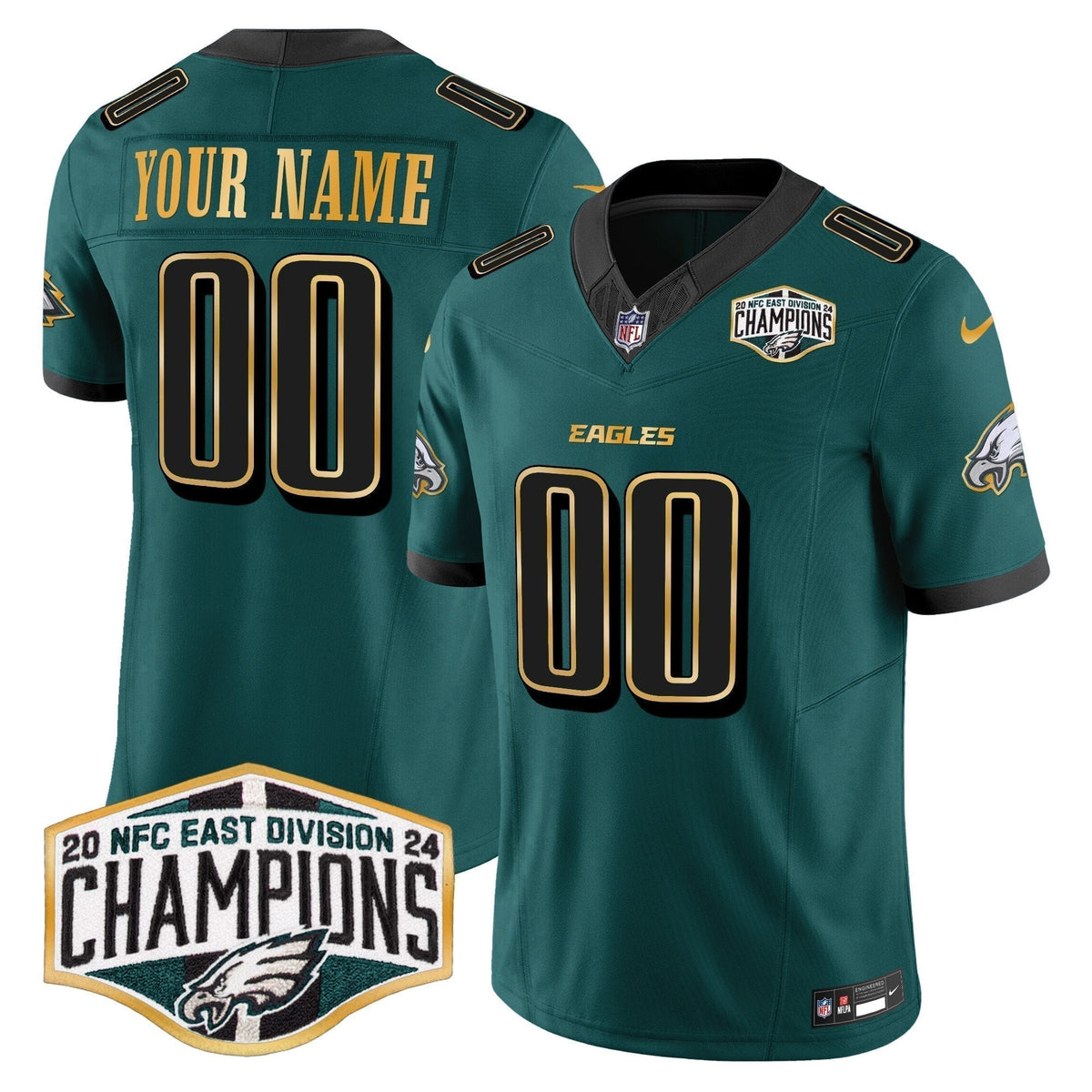 Eagles 2024 NFC East Division Champions Gold Trim Vapor Limited Custom Jersey - Stitched