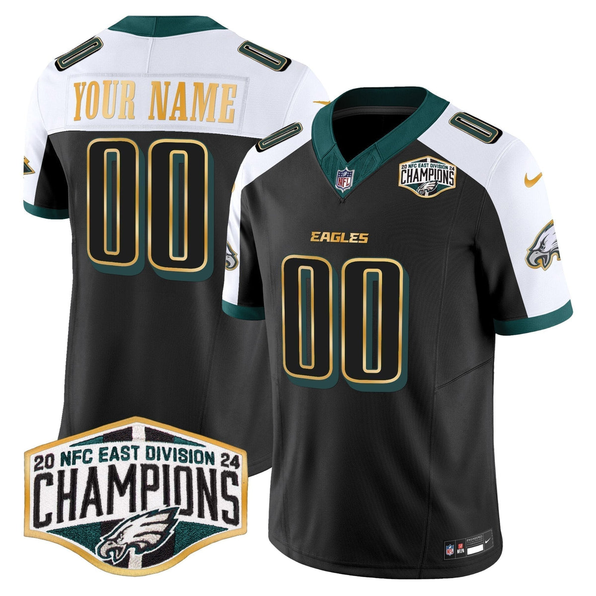 Eagles 2024 NFC East Division Champions Gold Trim Vapor Limited Custom Jersey - Stitched