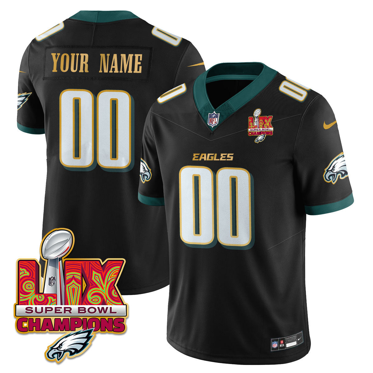 Custom Name/Gender PHI Super Bowl LIX Champions Gold Trim Vapor Limited Jersey - Stitched