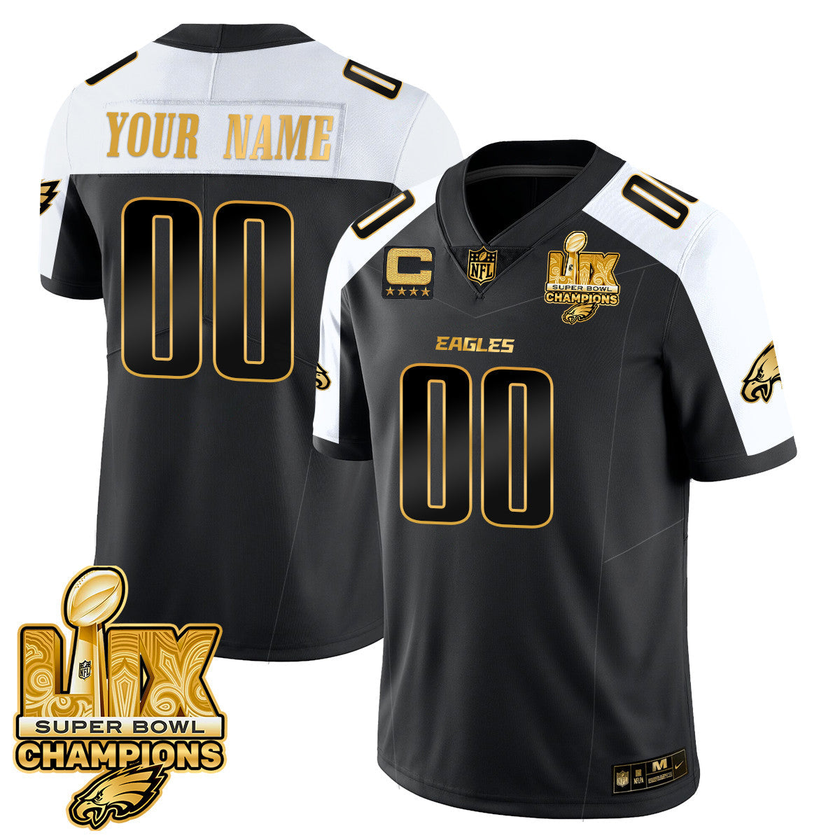 Custom Name/Gender PHI Super Bowl LIX Champions Gold Trim Vapor Limited Jersey - Stitched