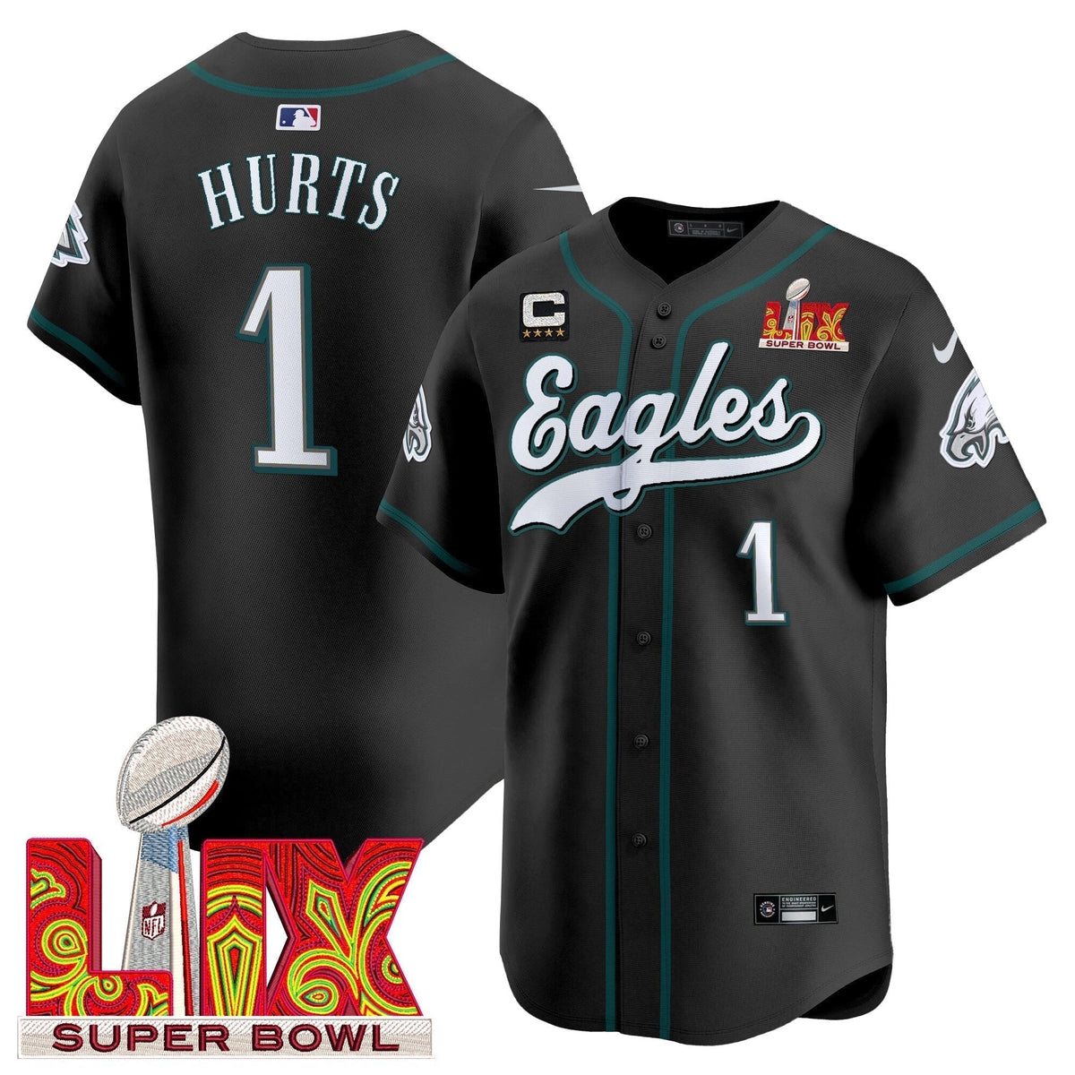 PHI Midnight Green Super Bowl LIX Vapor Baseball Jersey - Stitched