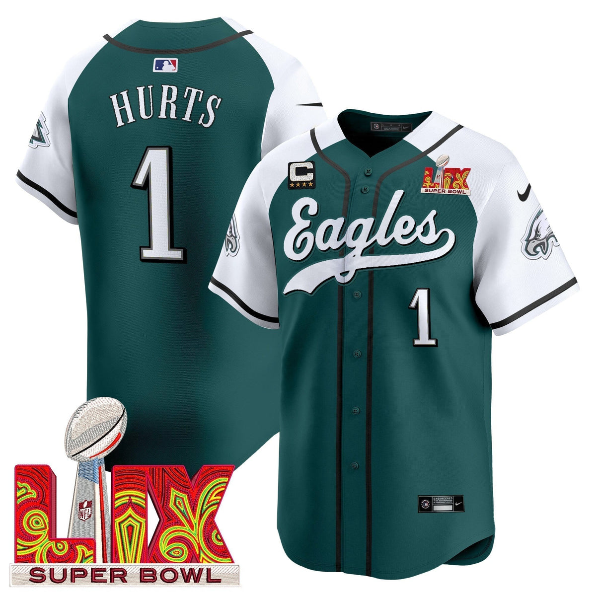 PHI Midnight Green Super Bowl LIX Vapor Baseball Jersey - Stitched