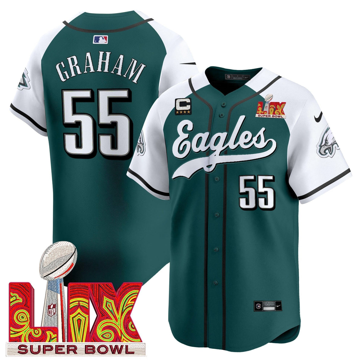 PHI Midnight Green Super Bowl LIX Vapor Baseball Jersey - Stitched