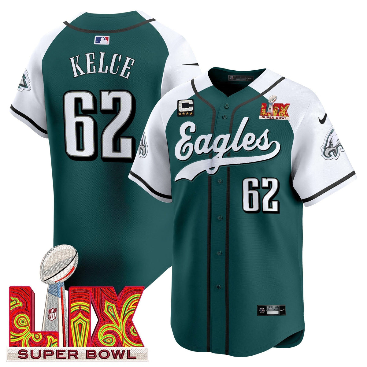 PHI Midnight Green Super Bowl LIX Vapor Baseball Jersey - Stitched