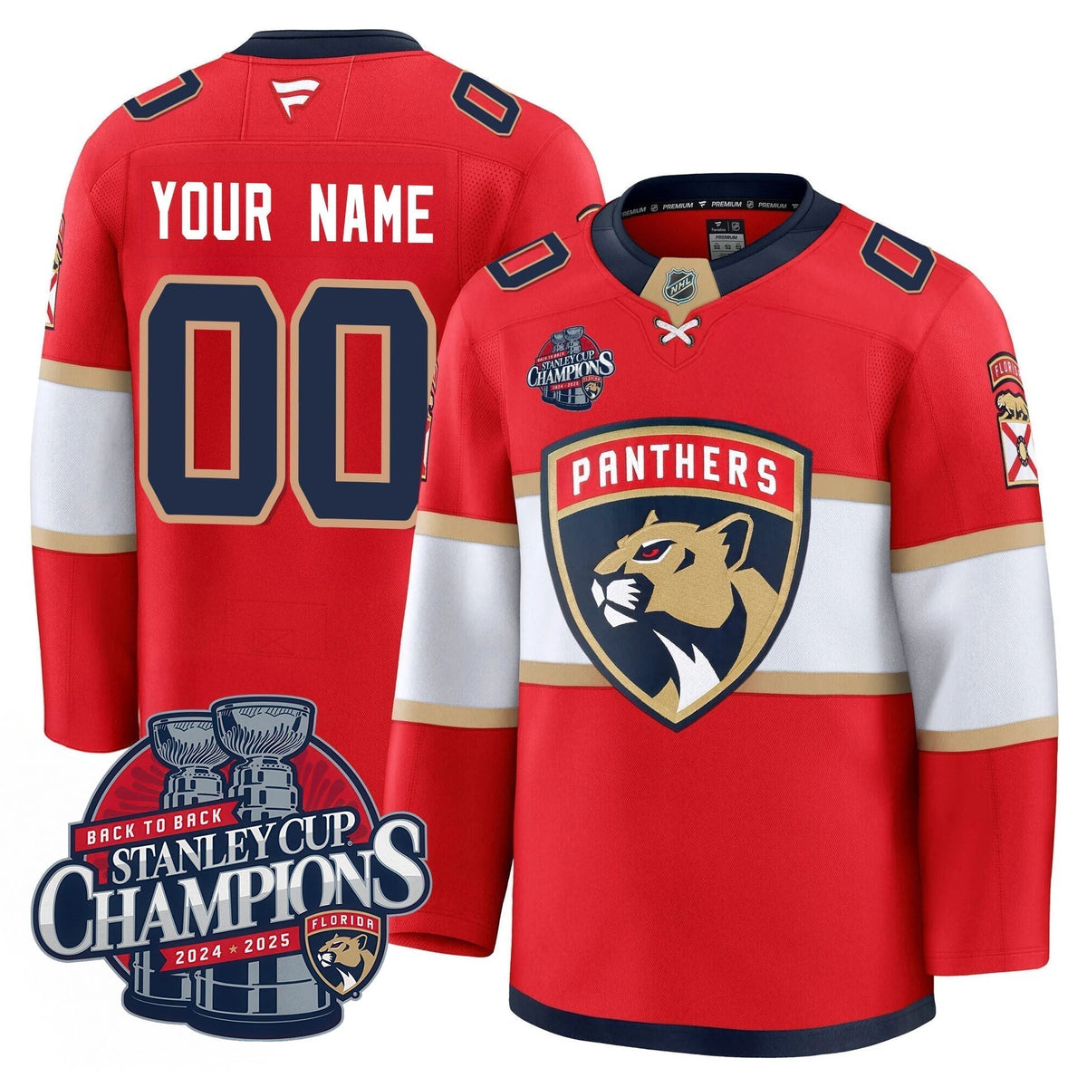 Custom Florida Panthers 2025 Stanley Cup B2B Champions Jersey N1 - All Stitched