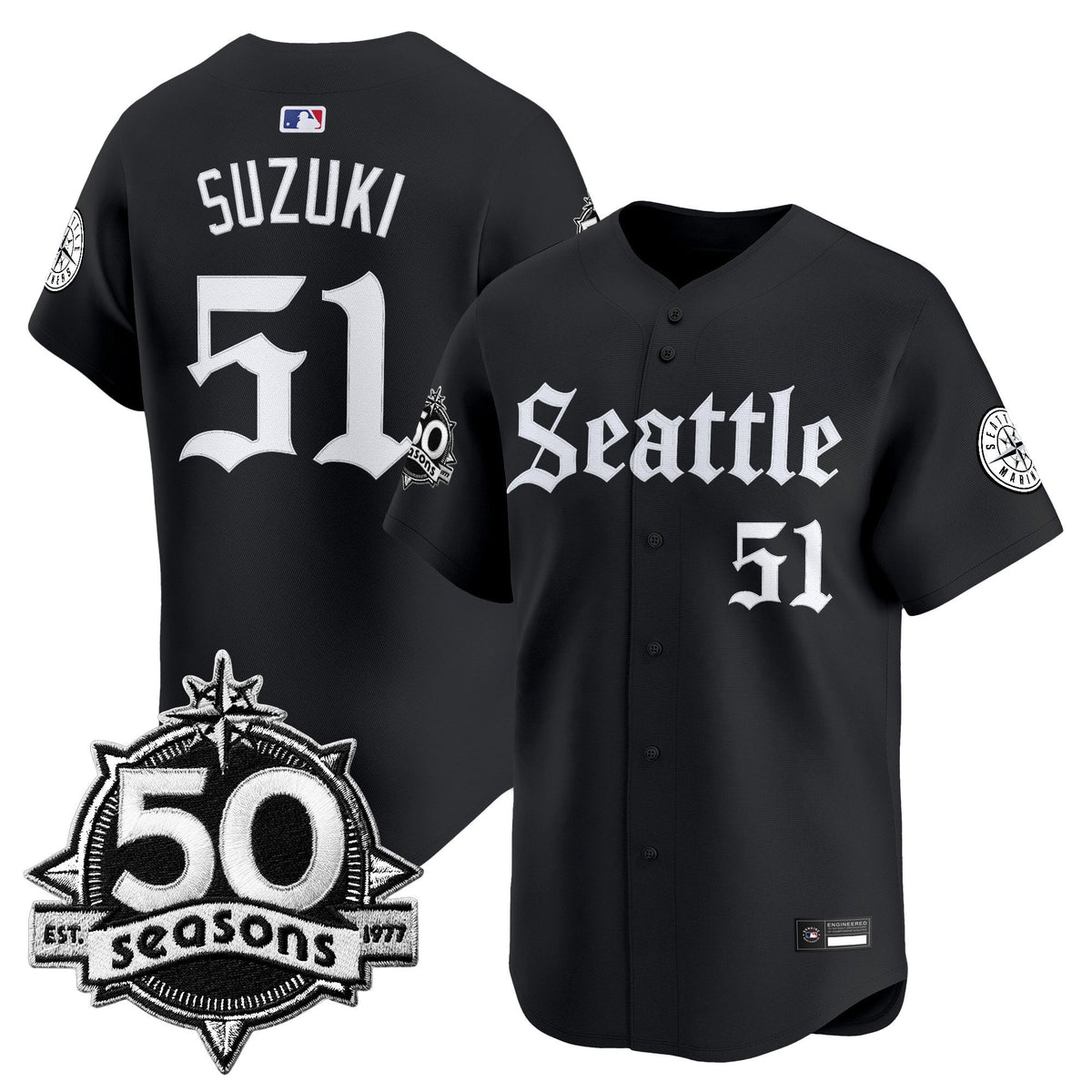 Men's Seattle Mariners 50 Seasons Patch Vapor Premier Limited Jersey - Gothic Edition - All Stitched