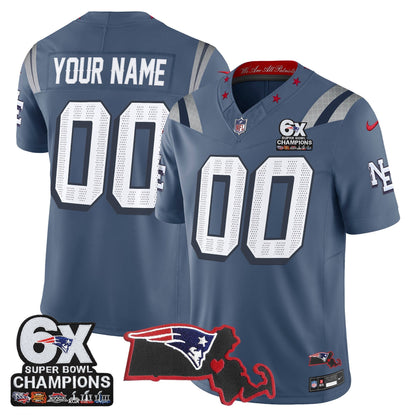 New England Patriots 6-Time Champions & Massachusetts Patch Vapor Limited Custom Jersey - All Stitched