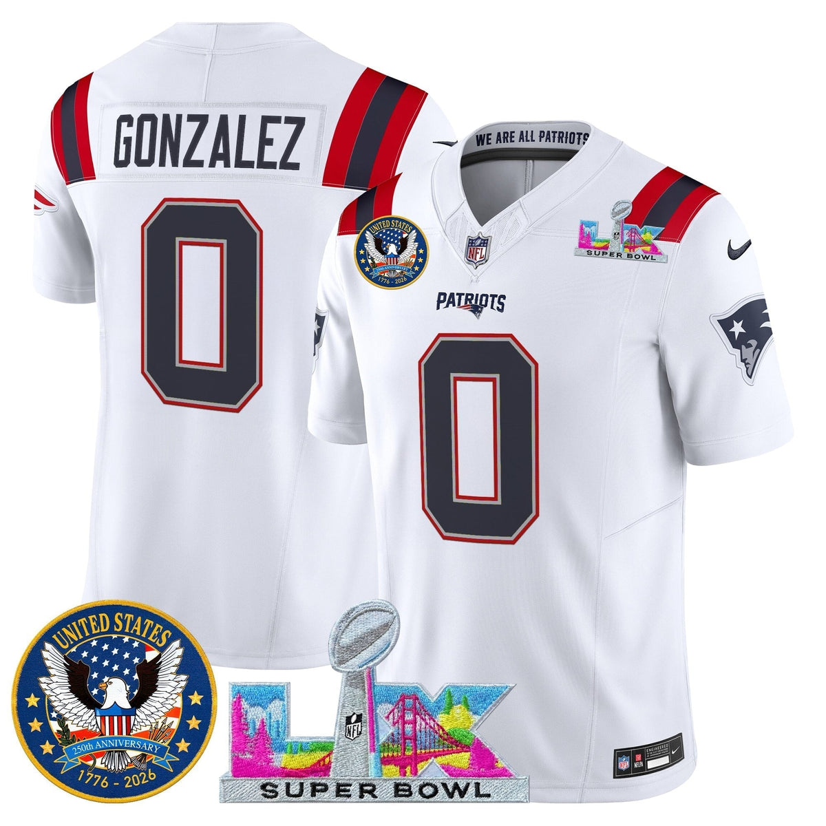 Men's New England Patriots "Super Bowl LX & United States 250th Patch" Vapor Limited Jersey - All Stitched
