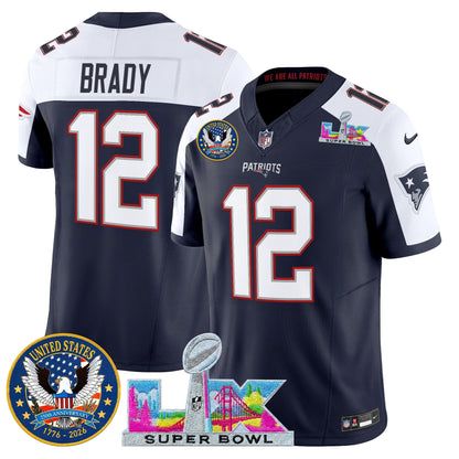 Men's New England Patriots "Super Bowl LX & United States 250th Patch" Vapor Limited Jersey - All Stitched