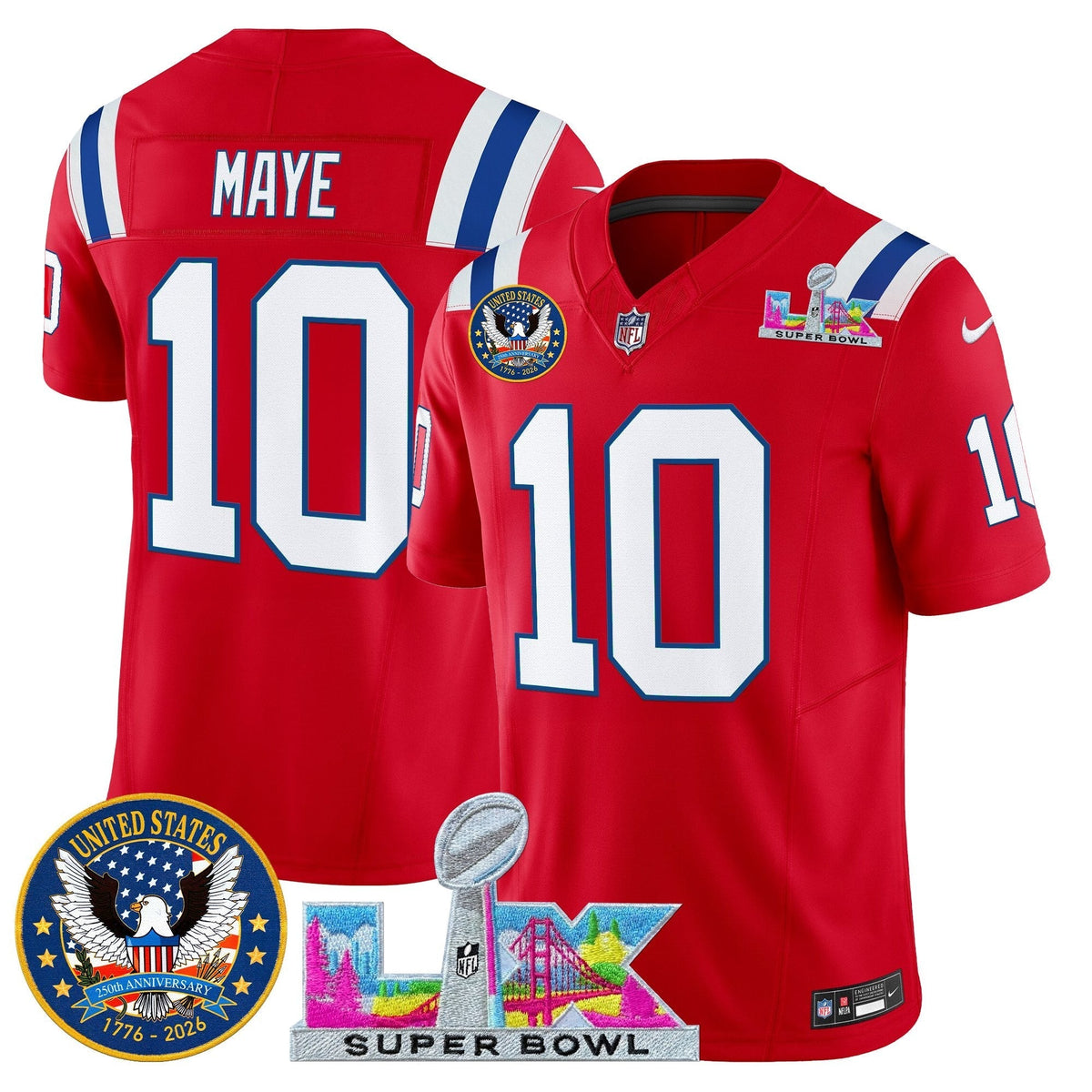 Men's New England Patriots "Super Bowl LX & United States 250th Patch" Vapor Limited Jersey - All Stitched