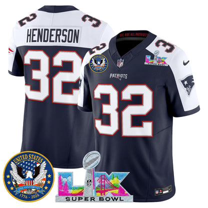 Men's New England Patriots "Super Bowl LX & United States 250th Patch" Vapor Limited Jersey - All Stitched