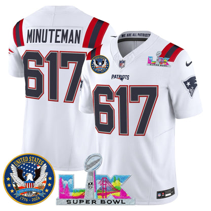 Men's New England Patriots "Super Bowl LX & United States 250th Patch" Vapor Limited Jersey - All Stitched