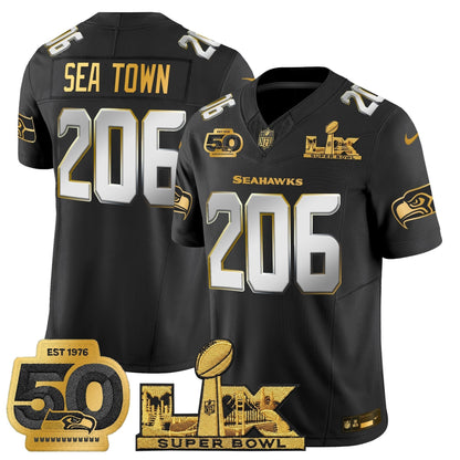 Men's Seattle Seahawks "Super Bowl LX & 50th Patch" Gold Vapor Limited Jersey - All Stitched
