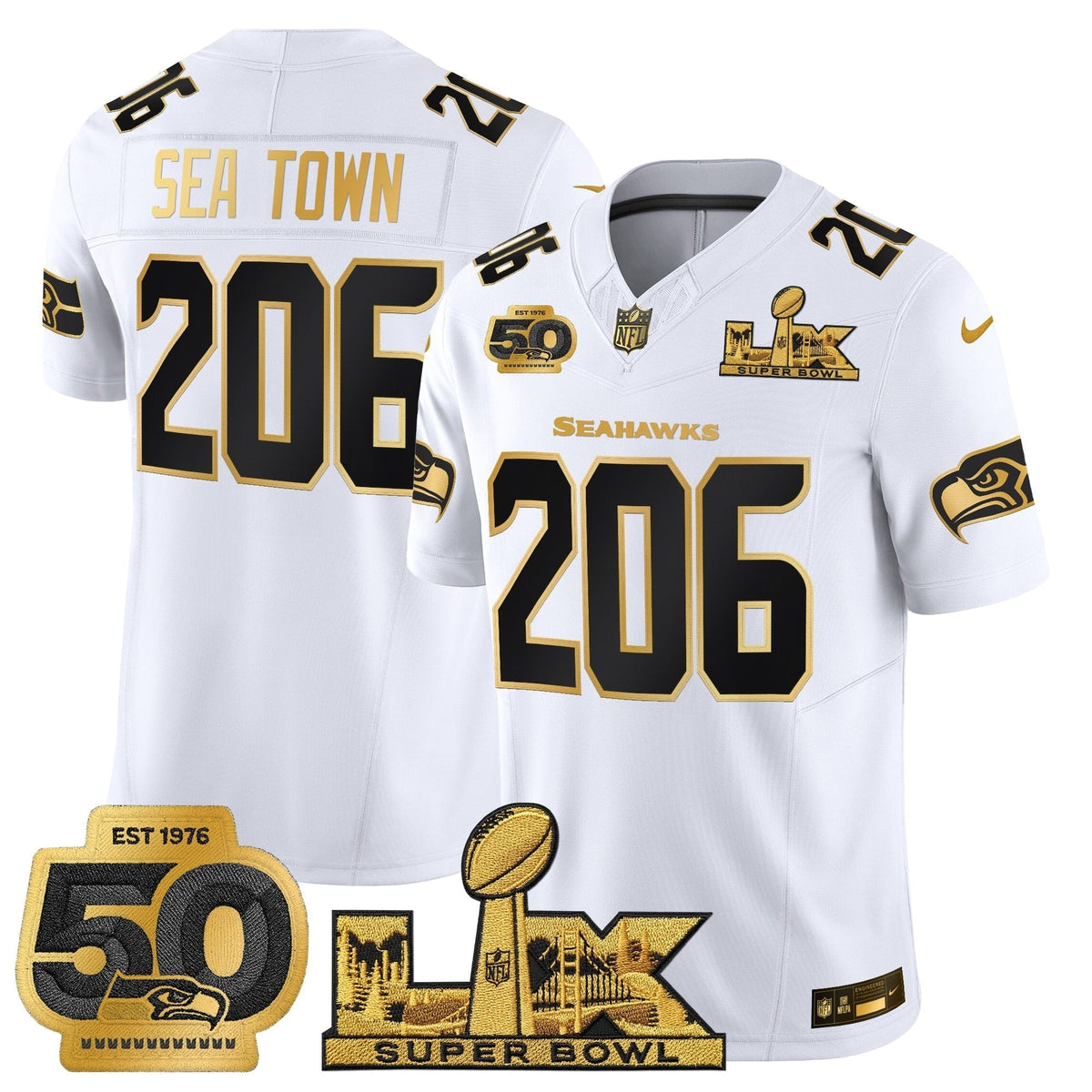 Men's Seattle Seahawks "Super Bowl LX & 50th Patch" Gold Vapor Limited Jersey - All Stitched