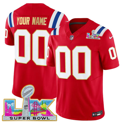New England Patriots Super Bowl LX Gold Trim Vapor Limited Custom Jersey - All Stitched