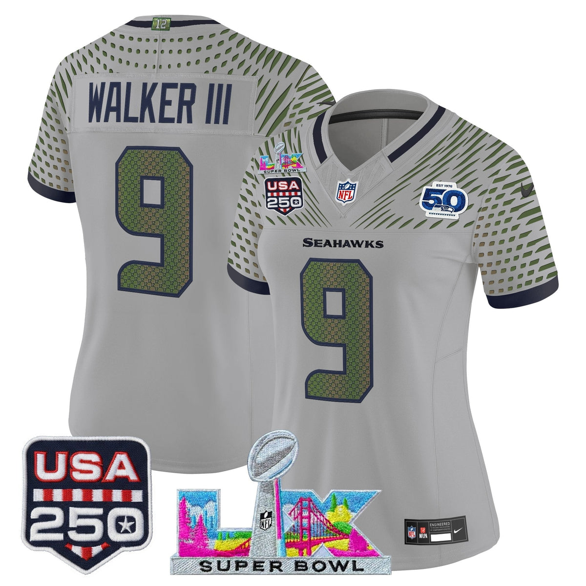 Women's Seattle Seahawks "Super Bowl LX & United States 250th Anniversary Patch" Vapor Limited Jersey - All Stitched