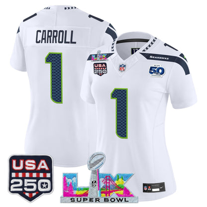 Women's Seattle Seahawks "Super Bowl LX & United States 250th Anniversary Patch" Vapor Limited Jersey - All Stitched