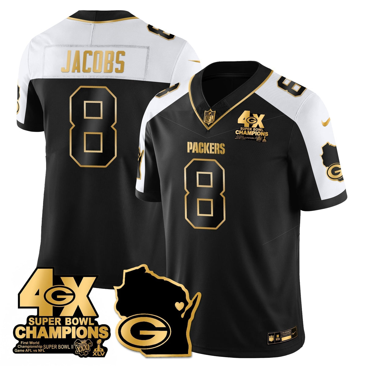 GB 4-Time Champions Patch Vapor Limited Gold Jersey - Stitched