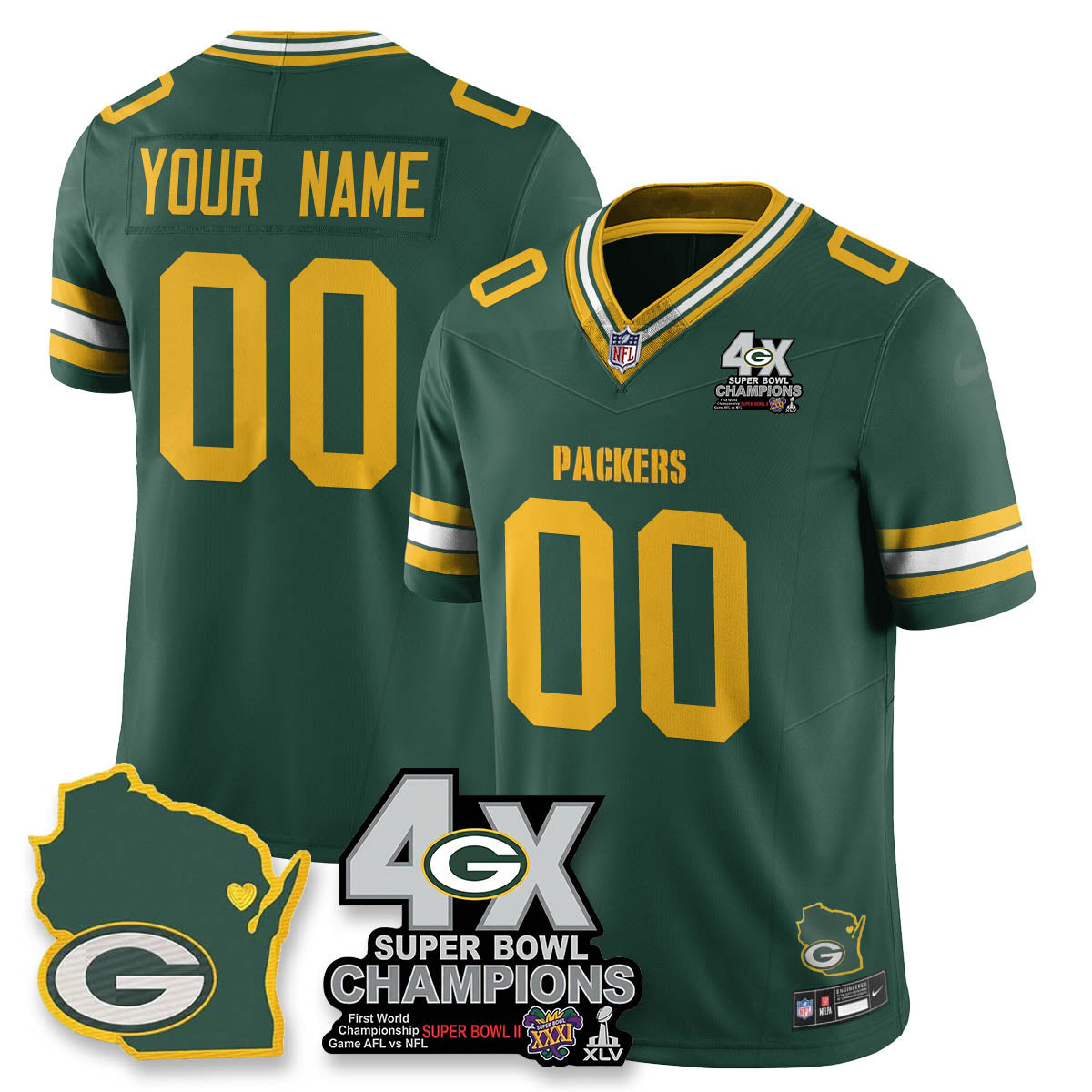 Custom GB 4-Time Champions Patch Vapor Limited Jersey - Stitched