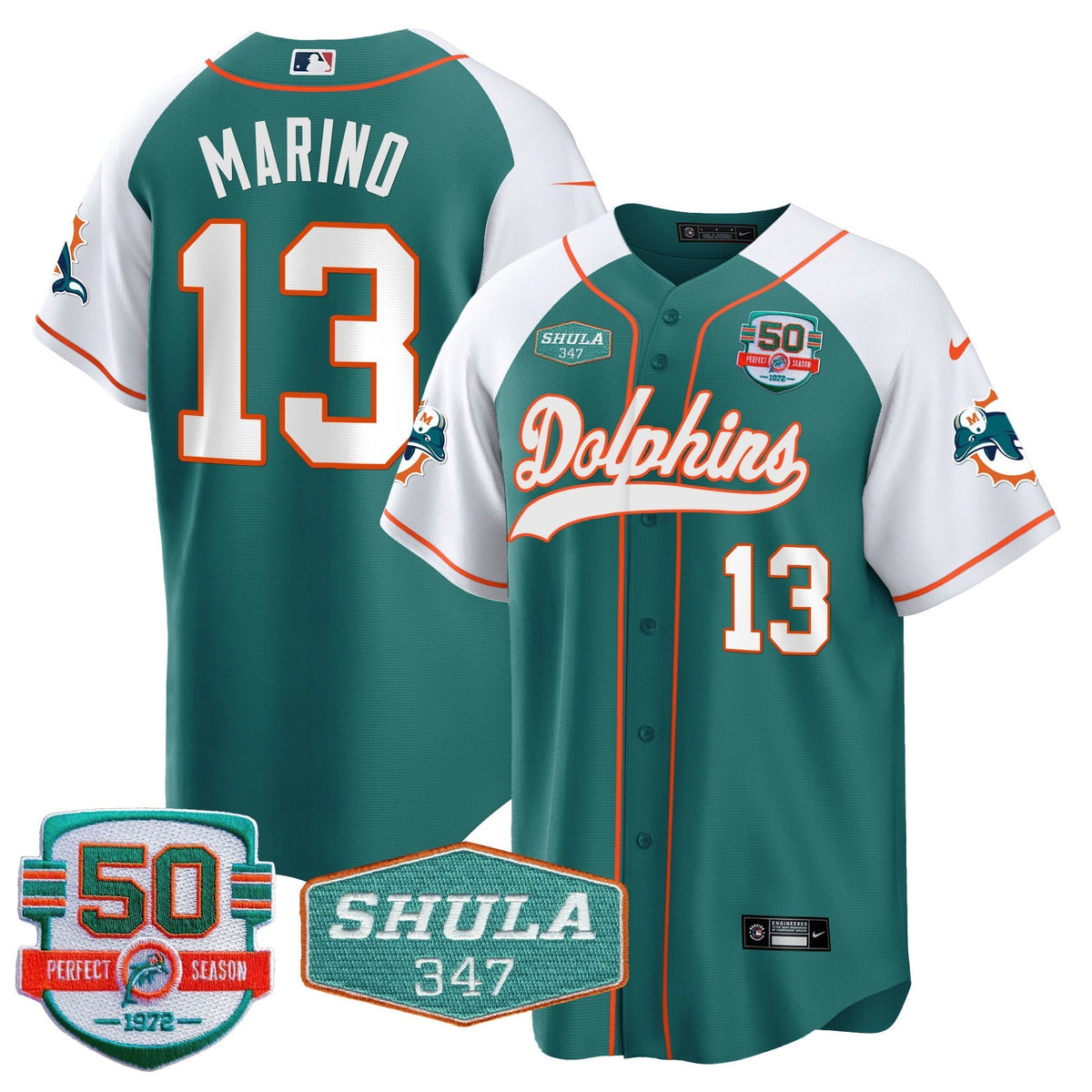 Men's Dolphins 50th & Don Shula 347 Memorial Patch Baseball Jersey - All Stitched