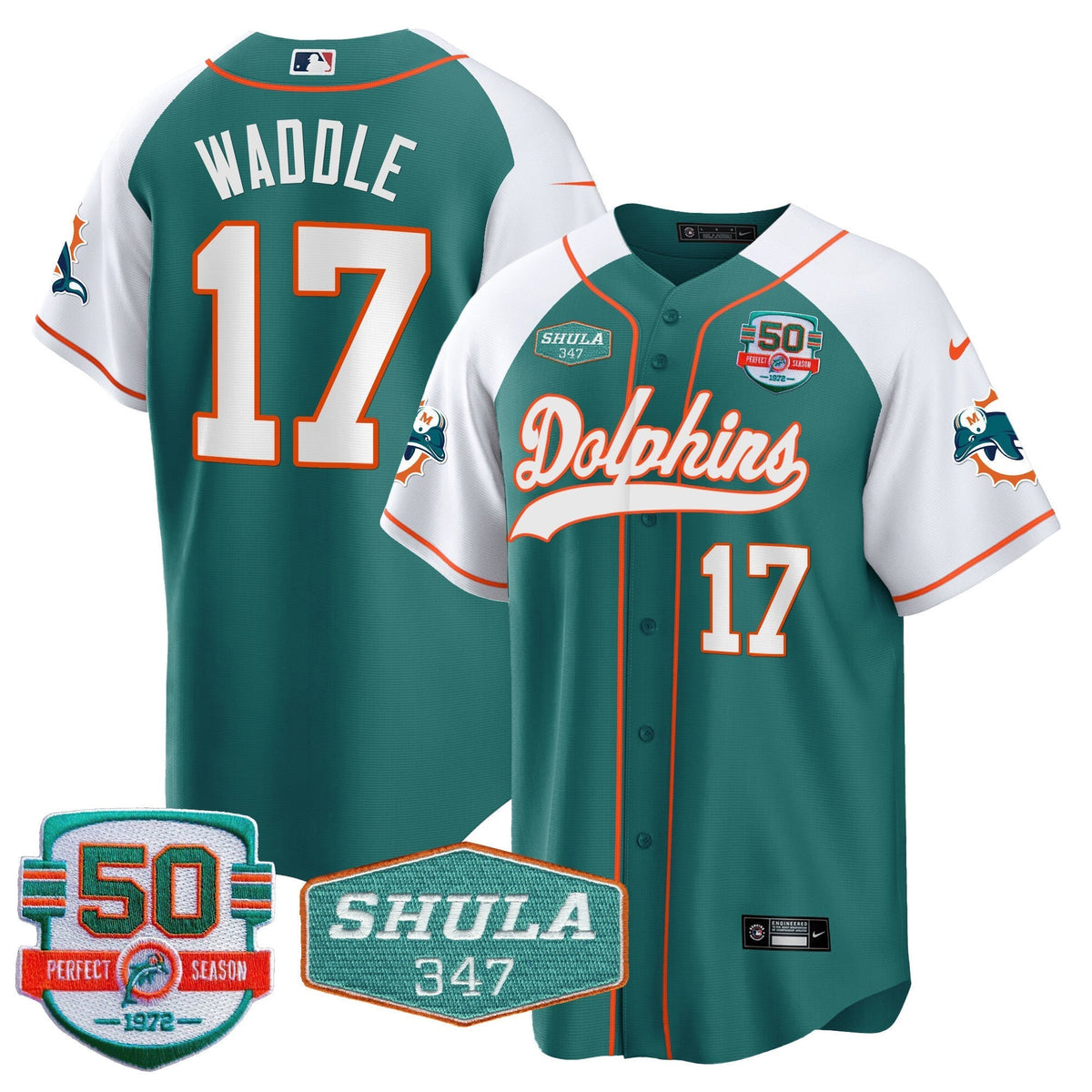 Men's Dolphins 50th & Don Shula 347 Memorial Patch Baseball Jersey - All Stitched