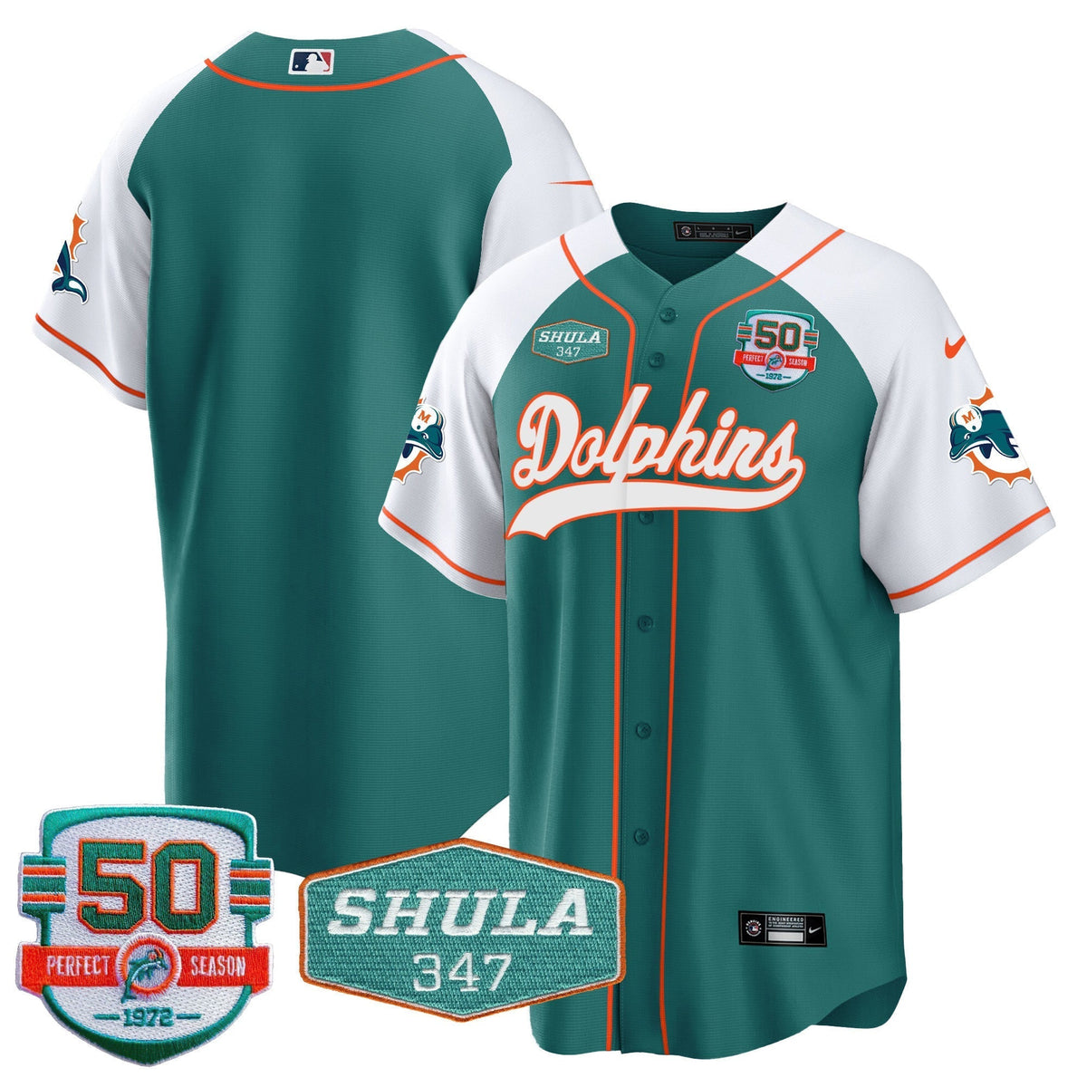 Men's Dolphins 50th & Don Shula 347 Memorial Patch Baseball Jersey - All Stitched