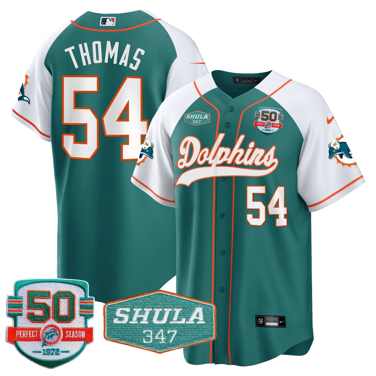 Men's Dolphins 50th & Don Shula 347 Memorial Patch Baseball Jersey - All Stitched