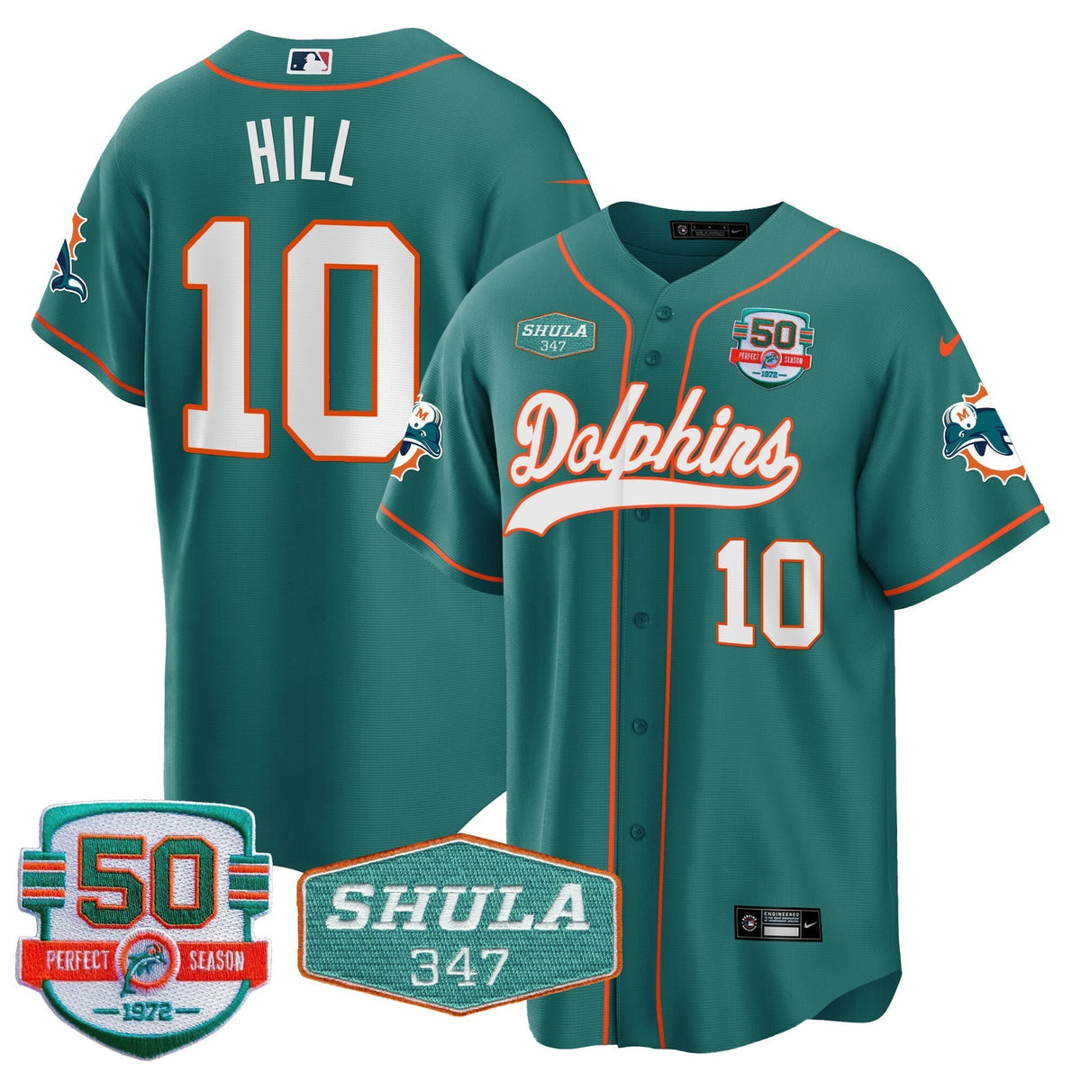 Men's Dolphins 50th & Don Shula 347 Memorial Patch Baseball Jersey - All Stitched
