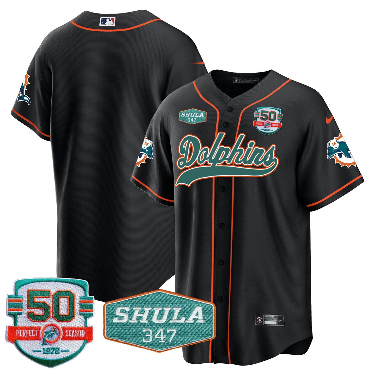 Men's Dolphins 50th & Don Shula 347 Memorial Patch Baseball Jersey - All Stitched