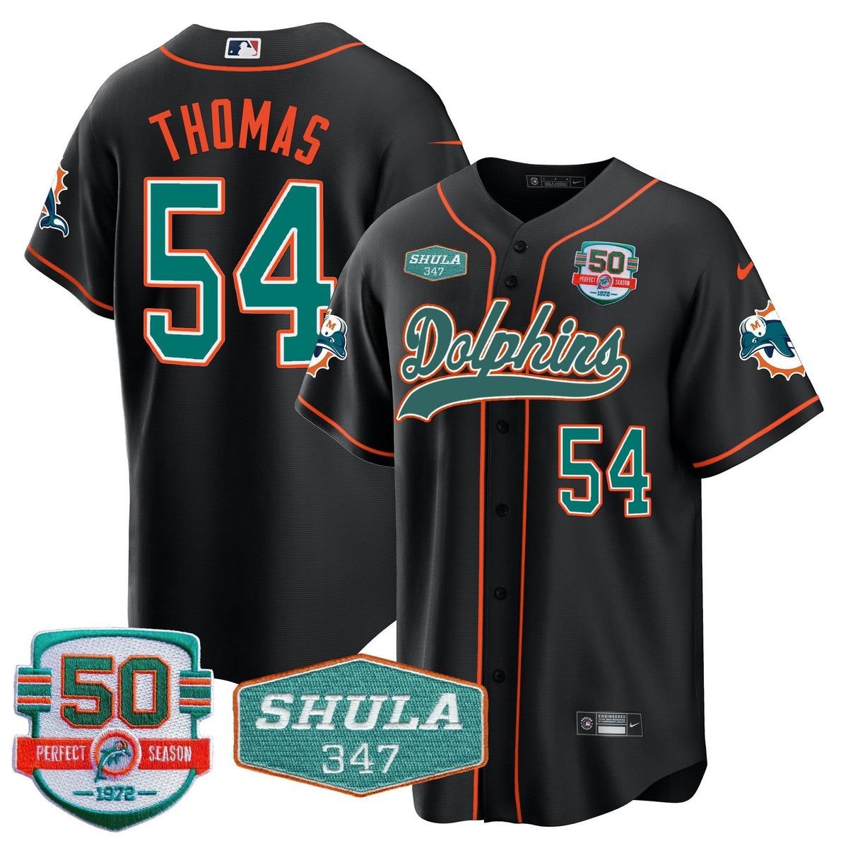 Men's Dolphins 50th & Don Shula 347 Memorial Patch Baseball Jersey - All Stitched