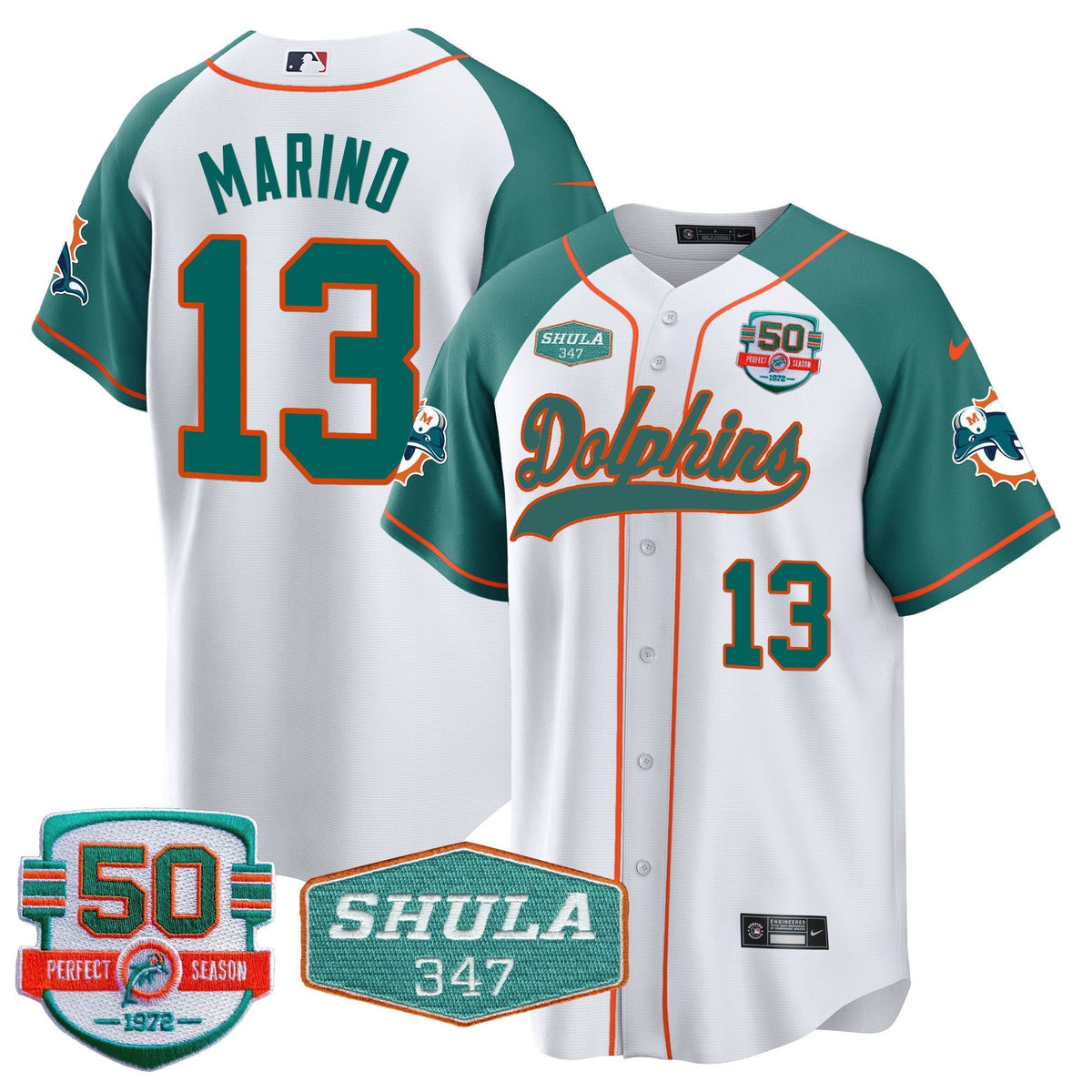 Men's Dolphins 50th & Don Shula 347 Memorial Patch Baseball Jersey - All Stitched