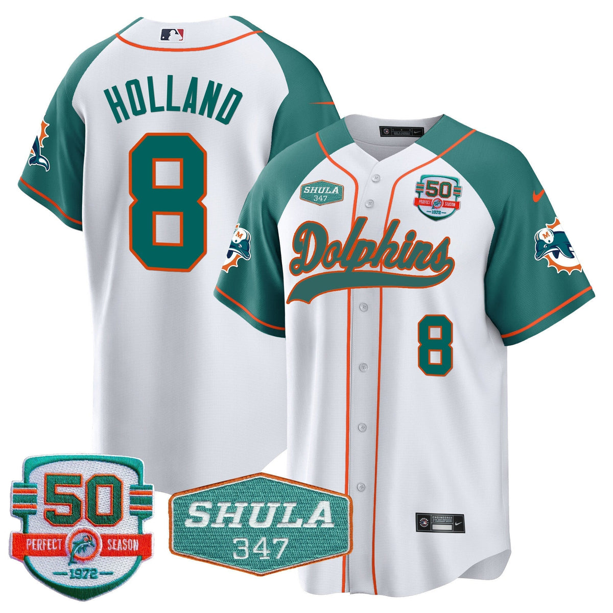 Men's Dolphins 50th & Don Shula 347 Memorial Patch Baseball Jersey - All Stitched