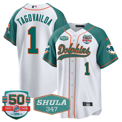 Men's Dolphins 50th & Don Shula 347 Memorial Patch Baseball Jersey - All Stitched
