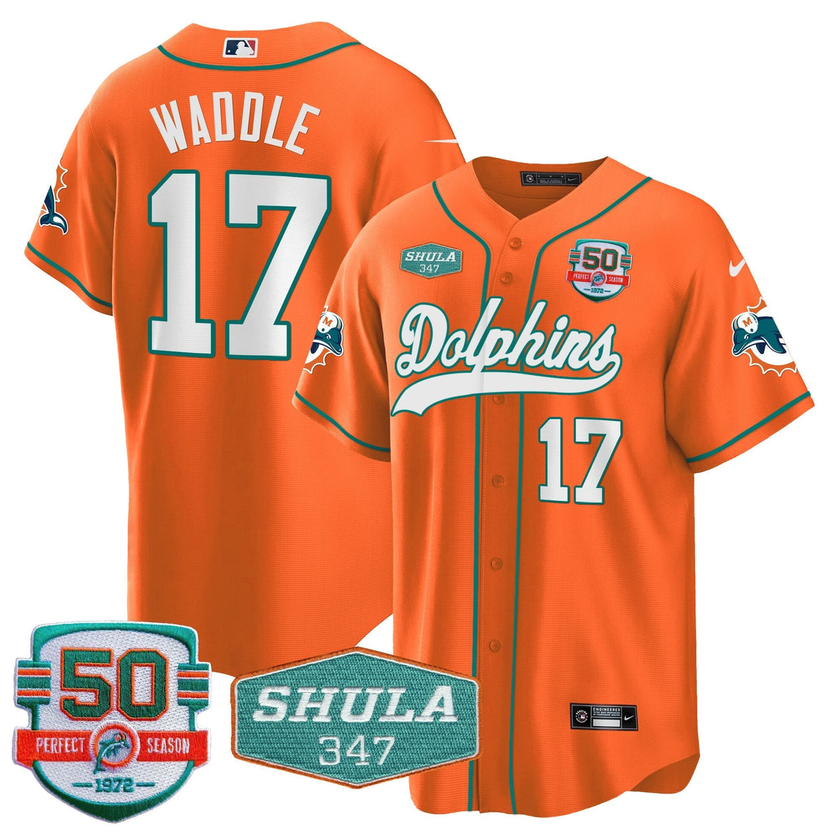Men's Dolphins 50th & Don Shula 347 Memorial Patch Baseball Jersey - All Stitched