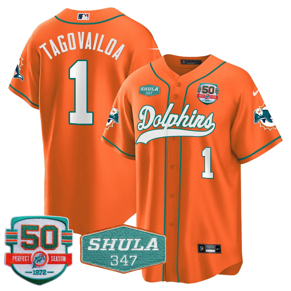 Men's Dolphins 50th & Don Shula 347 Memorial Patch Baseball Jersey - All Stitched