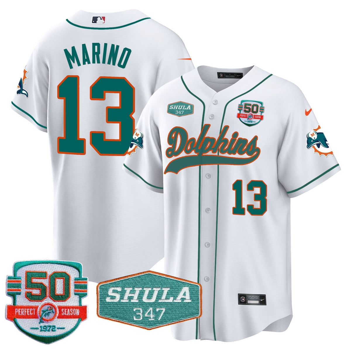 Men's Dolphins 50th & Don Shula 347 Memorial Patch Baseball Jersey - All Stitched